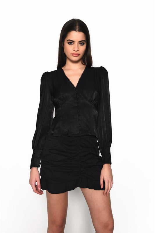 Black Sateen Long Sleeve Blouse
