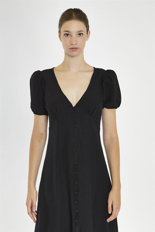 V-Neck Puff Sleeve Midi Dress - Black