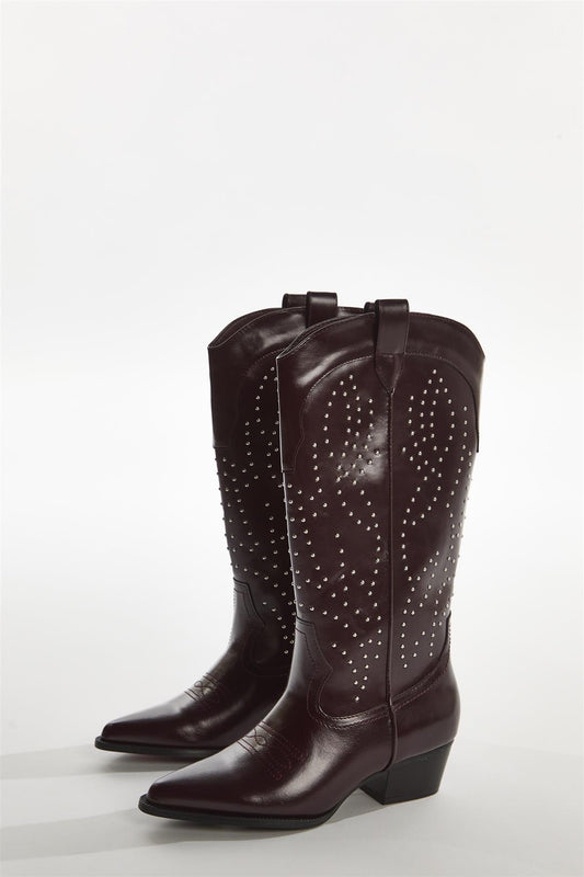 Red-Pu Studded Cowboy Knee-High-Boots