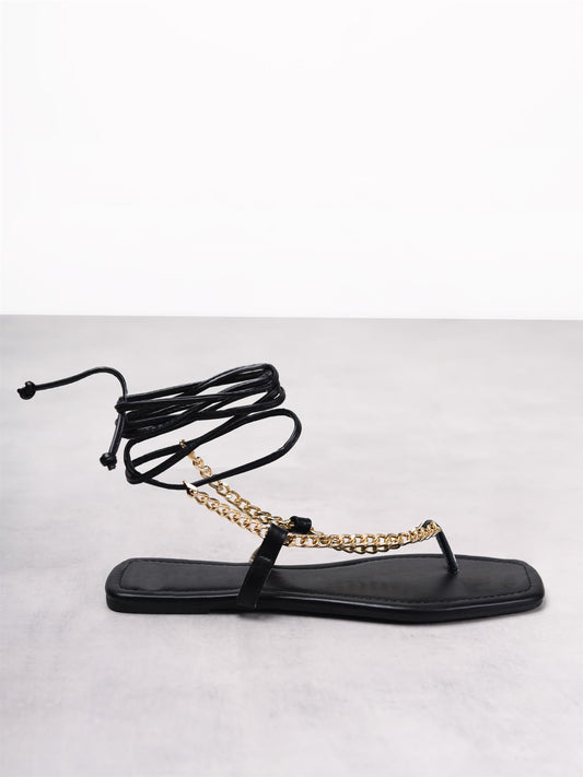 Black Tie Ankle Gold Chain Sandals