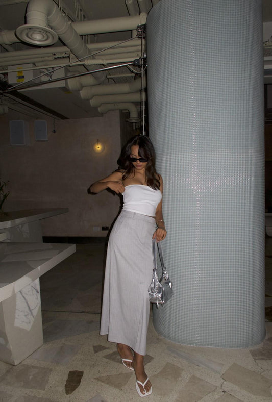 Light-Grey-Pinstripe Pencil Maxi Skirts