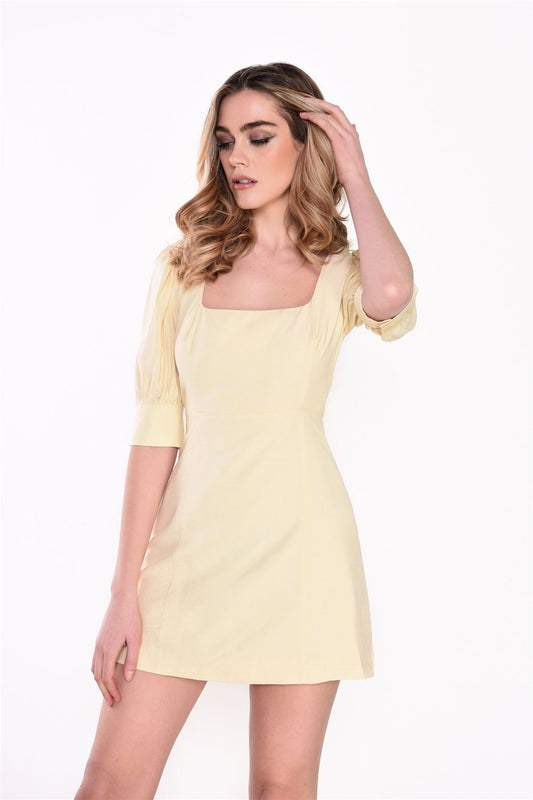 Pale-Yellow 3/4-Sleeve-Square-Neck Mini-dress