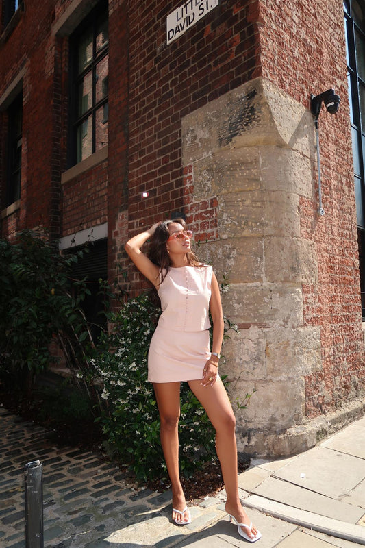 Nude-Peach Button-Up-Sleeveless Crop-Top