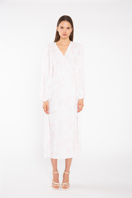 Pink-Watercolour Wrap Midi-Dress
