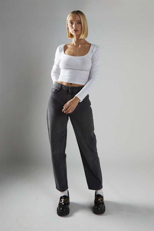 Scoop Neck Crop Tops - White Rib