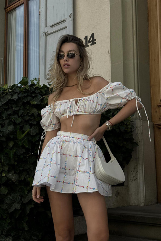 Grid Picnic floral Pleated Mini-Skirt