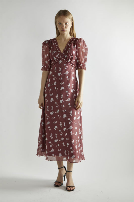Burgundy-Floral Organza V-Neck Midaxi-Dress