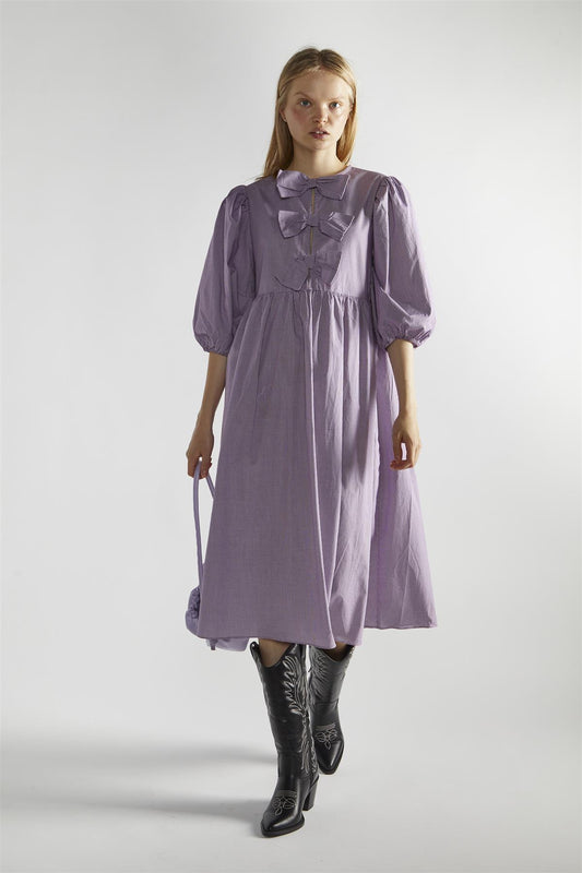 Purple Gingham Bow Detail Midi-Dress