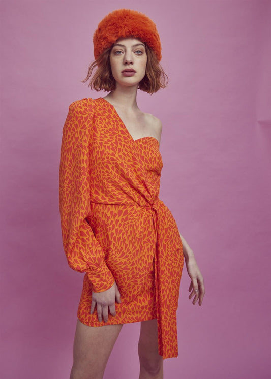 Paige One Shoulder Mini-Dress -Orange/Red Heart