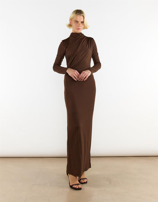 High Neck Split Front Maxi Dress in Dark Brown