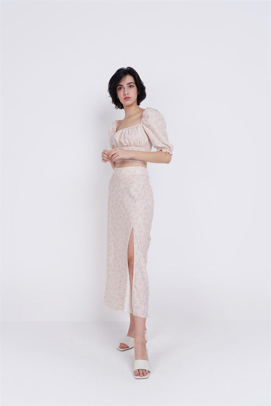 Stone Ditsy Floral Side Split Midi Skirt