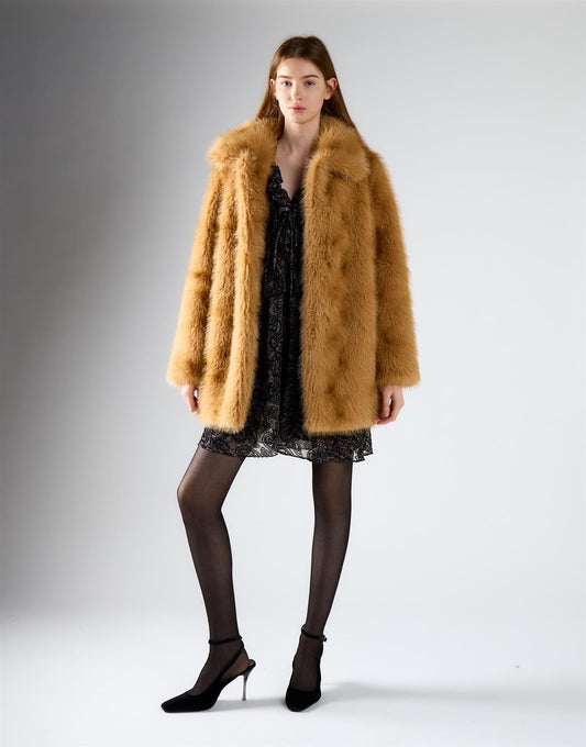 Tan Mottled Fur Mid-Length Coat