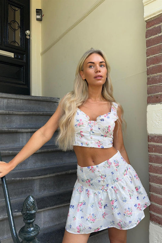 White Trellis Floral Half Pleated Mini-Skirt