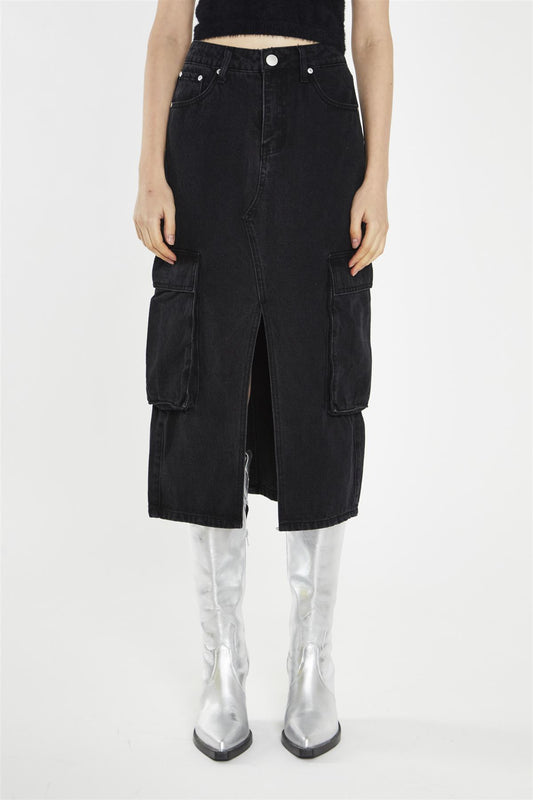 Cargo Midi Skirt - Washed Black