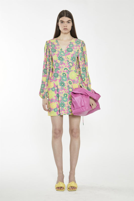 Pink-Multi-60S-Flower Wrap Mini-Dress