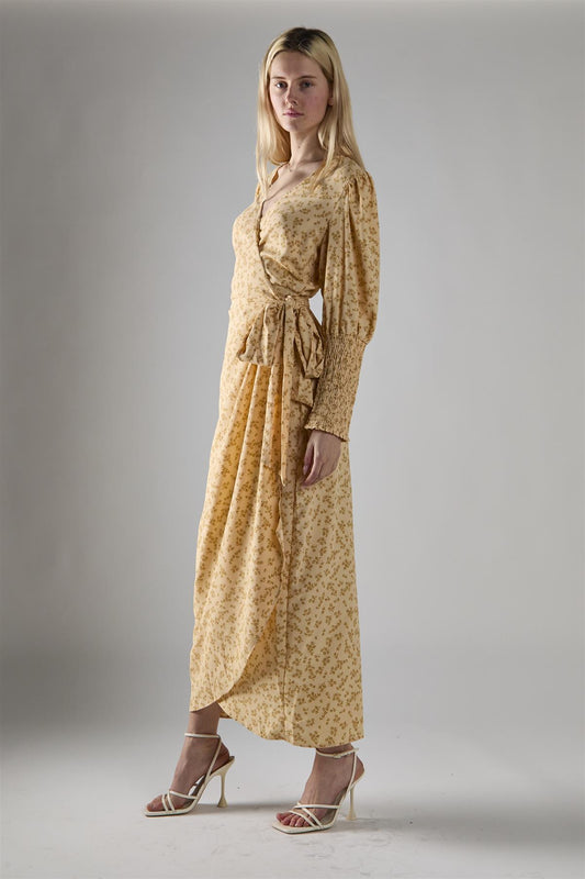 Beige-Mustard-Ditsy Wrap Midi-Dress