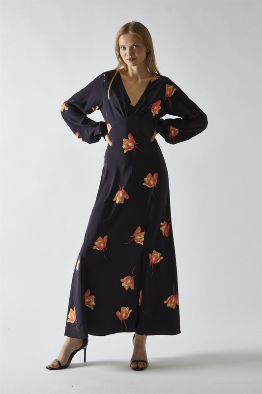 Black-Orange Flower V-neck Midi-Dress