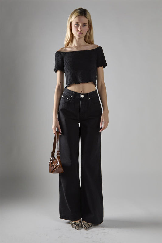 Washed-Black Wide-Leg Mid-Rise-Jeans