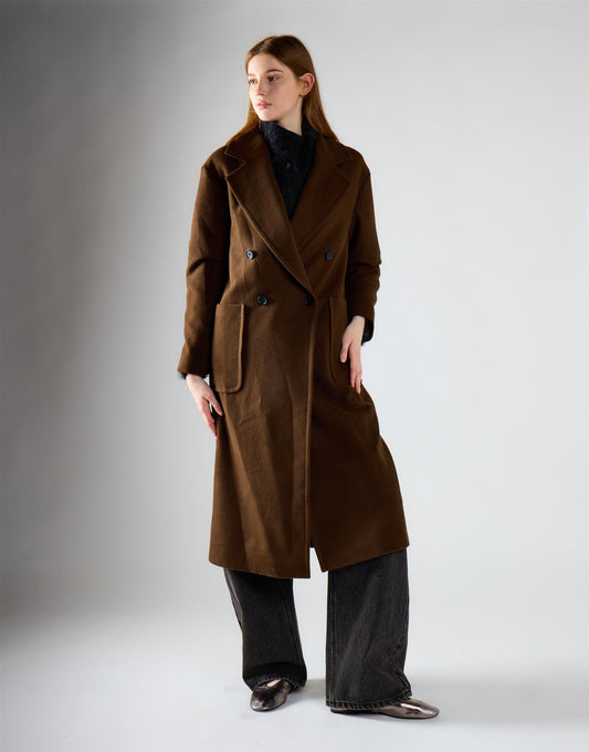 Chocolate Brown Lapel Collar Midi Coat