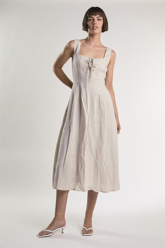 Beige Fleck Square Neck Maxi-Midi Dress