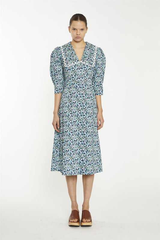 Navy Vintage Floral Collared Midaxi-Dress