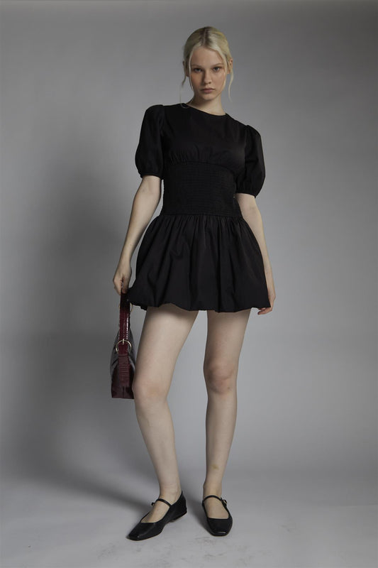 Shirred Bubble Hem Mini Dress - Black