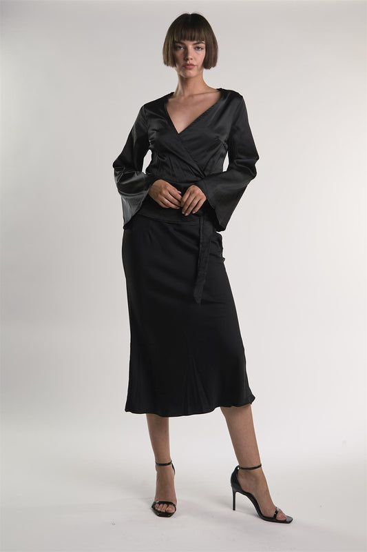 Black-Sateen Long Sleeve Wrap Top
