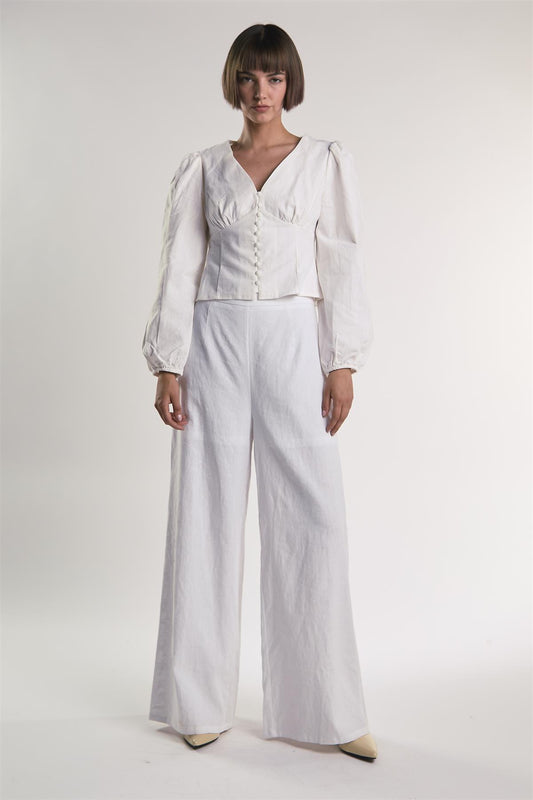 Long Sleeve Button Front V-Neck Blouse