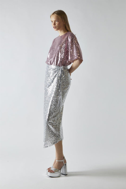 Silver-Sequin Wrap Midi-Skirt