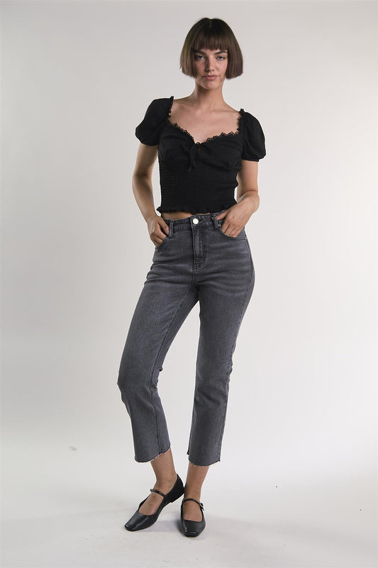 Black Puff-Sleeve-Babydoll Crop-Top