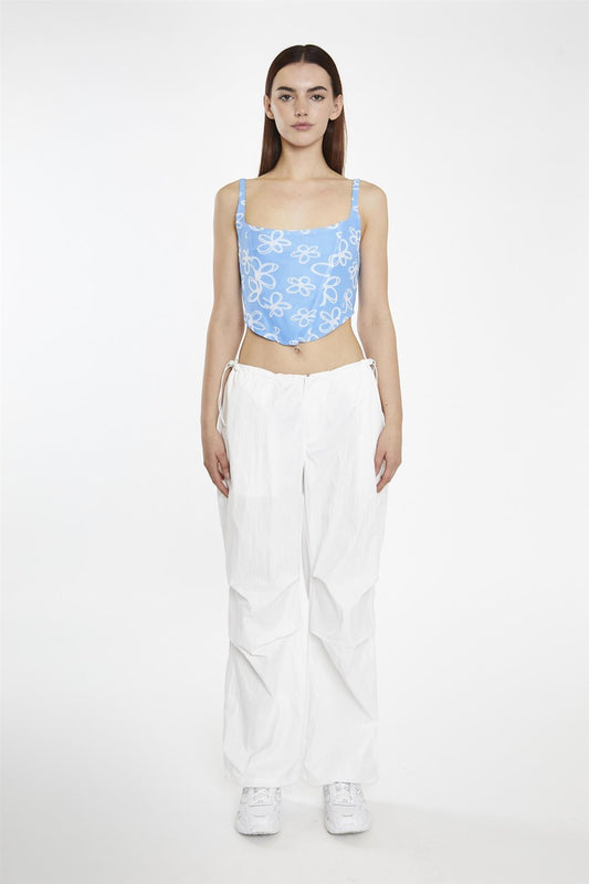 Blue-Scribble-Daisy-Mesh Sleeveless-Corset- Crop-Top