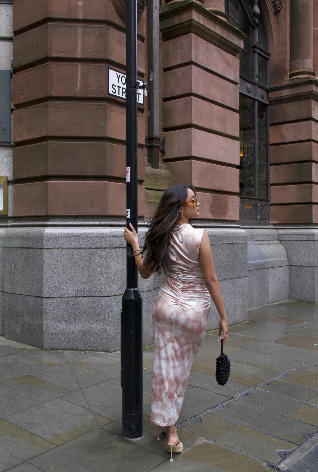 Tie Dye Sleeveless High Neck Bodycon Midi Dress with ruched back