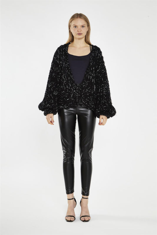 Black Silver-Fleck Cable-Knit Cardigan