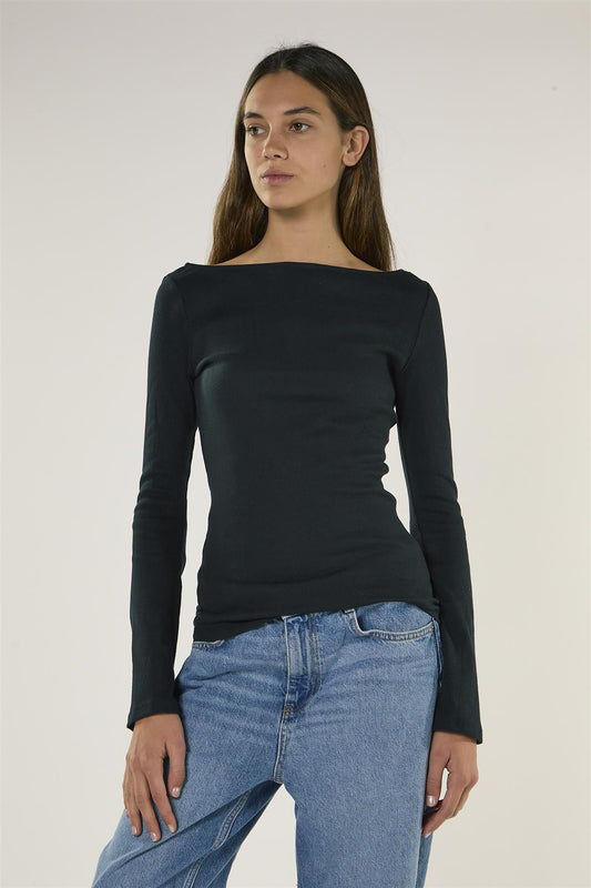 Dark Navy Boat Neck Long Sleeve Top