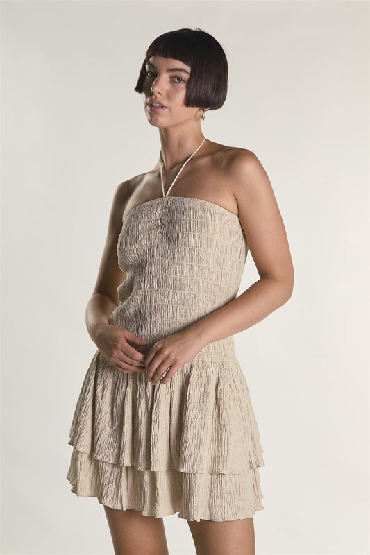 Stone Textured Halter Frill Mini Dress