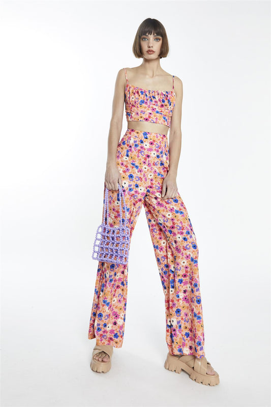 Multi Orange Floral High-Waist Loose-Trousers