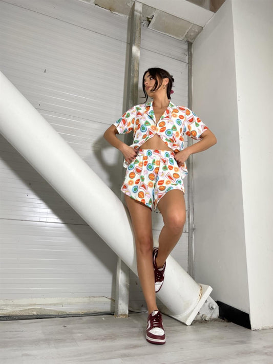 Multi Fruit Stickers High-waisted Shorts