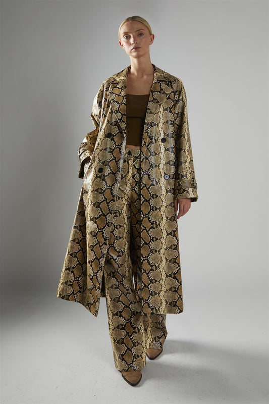 Beige Snakeskin Double Breasted Trench Coat