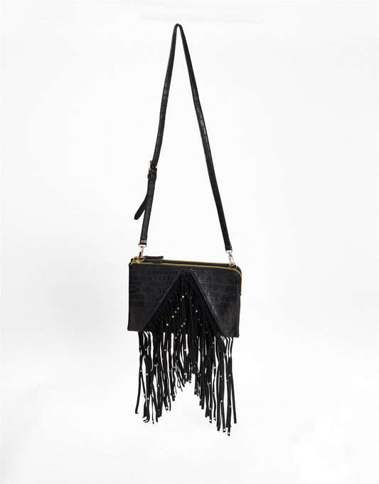 Black Croc Fringe Crossbody Bag