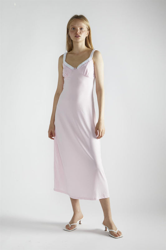 Light-Pink-White V-Neck-Midi-Dresses