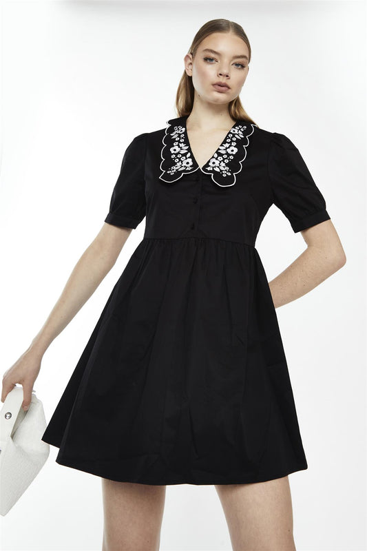 Black Floral-Statement-Collar Mini-Dress