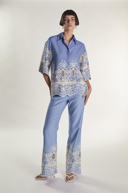 Embroidered Chambray High Waisted Flared Trousers