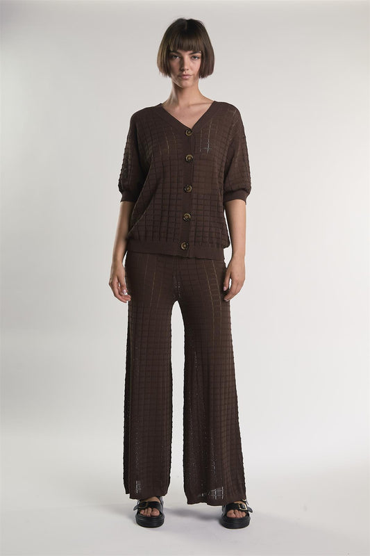 Brown V-Neck Button Knit Shirt