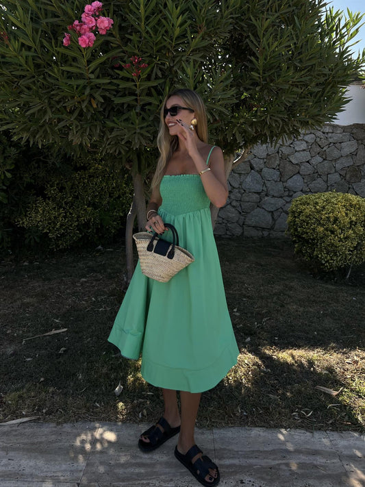 Gracie Smocked Midi-Dress -Bright-Green