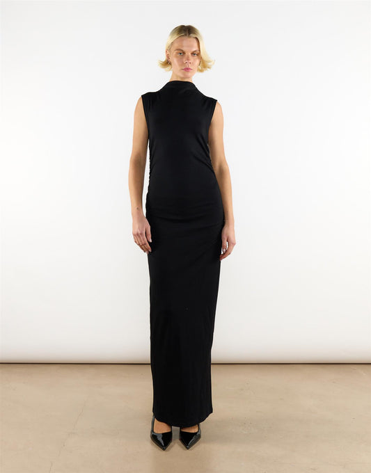 Black Cotton Mock Neck Long Dress