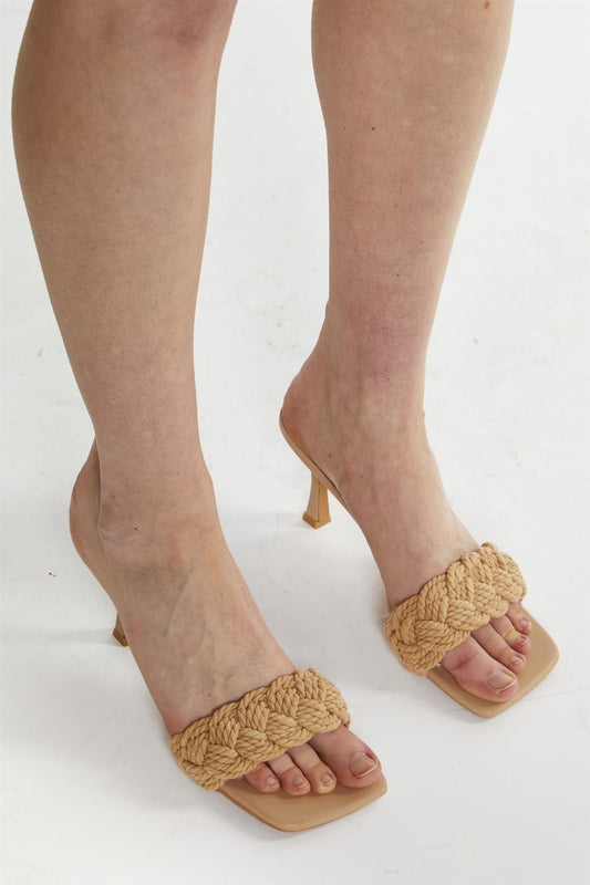 Camel Braided Strap Heeled Mules