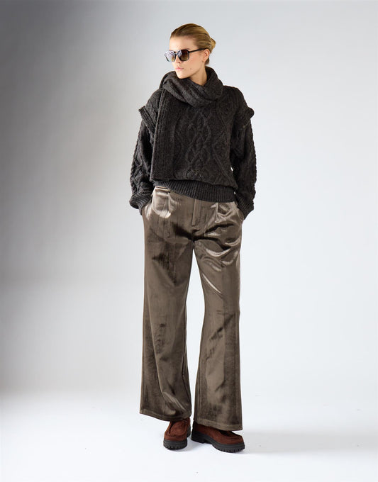 Grey Khaki Pleated Wide-Leg Trousers