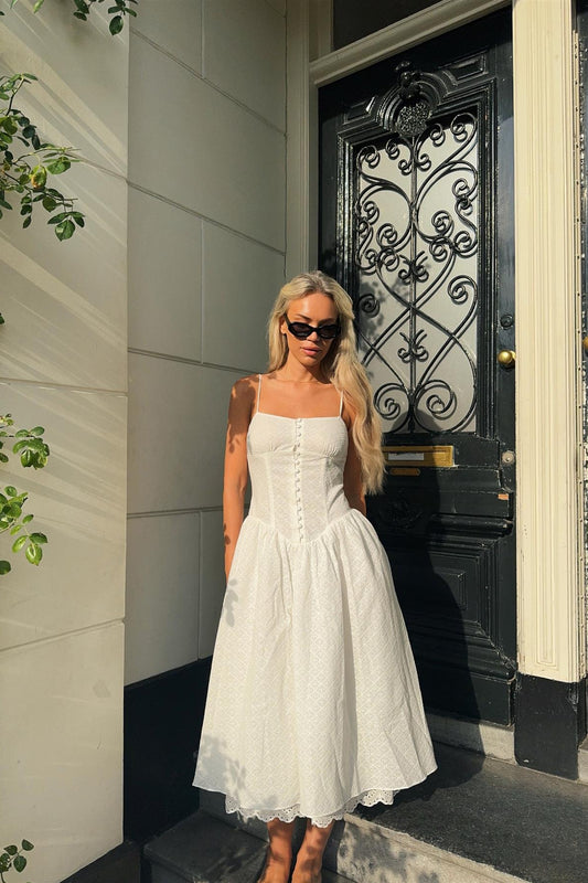 White Broderie Pleated Maxi-Dress