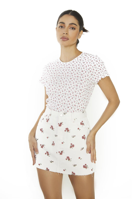 White Ditsy Pointelle Floral Lettuce-Hem Short-Sleeve-Top