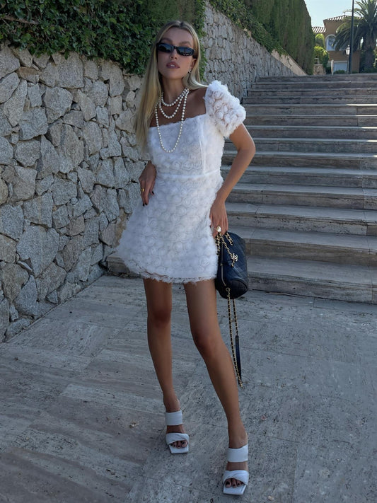 Summer 3D-Floral Skater Mini-Dress -White